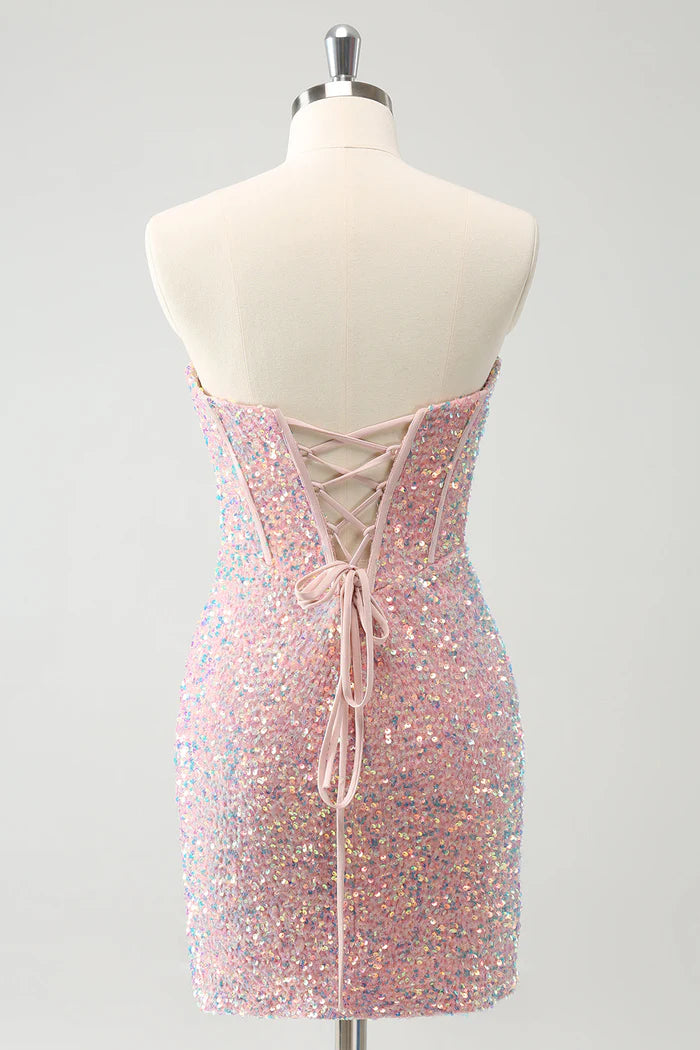 Weitese Dress Sparkly Strapless Light Pink Tight Short Homecoming Dress Sleeveless Sequins Party Dress